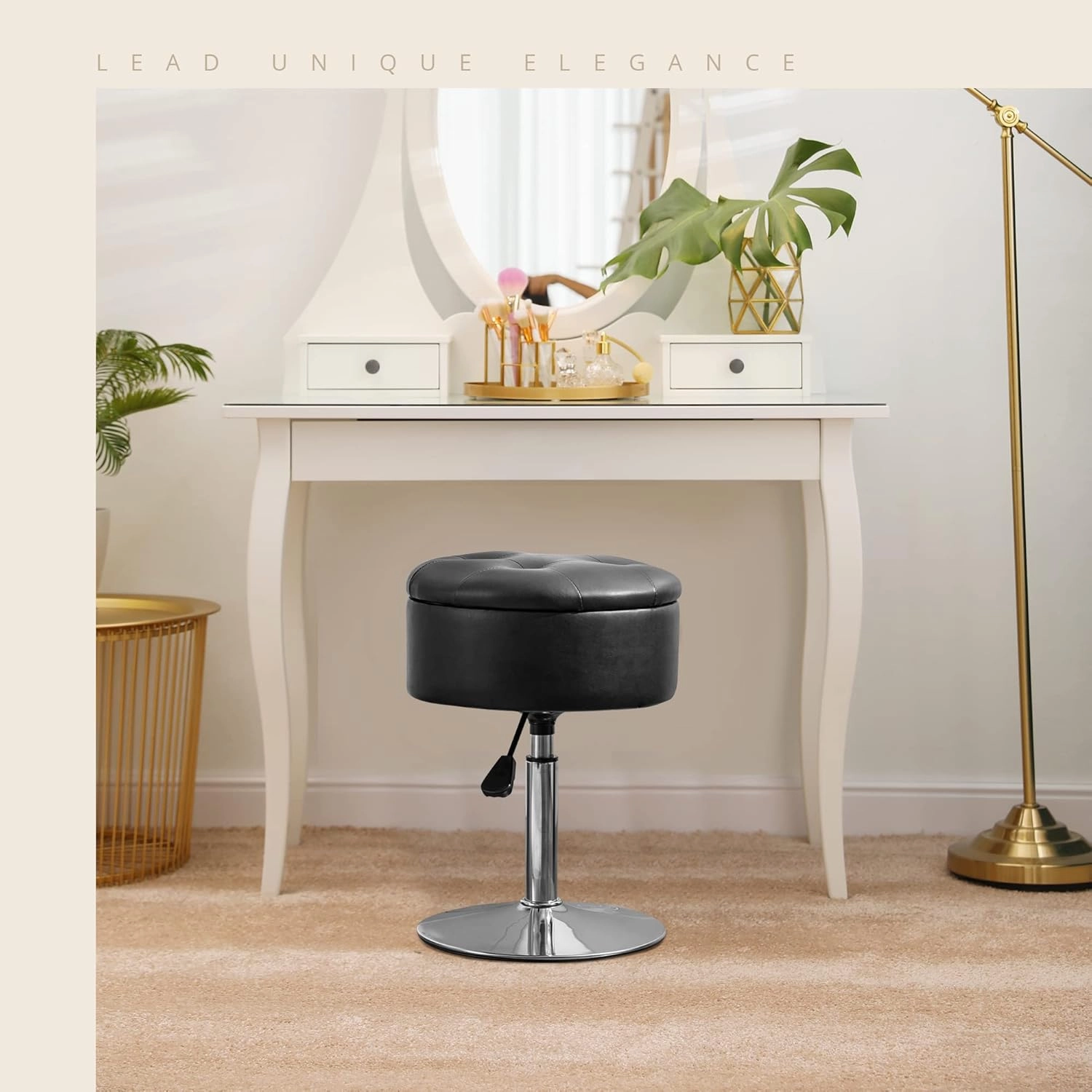 LUE BONA 360°Swivel Vanity Stool Chair for Makeup Room, Height Adjustable Stool for Vanity with Storage, Small Black Faux Leather for Bathroom, Living Room