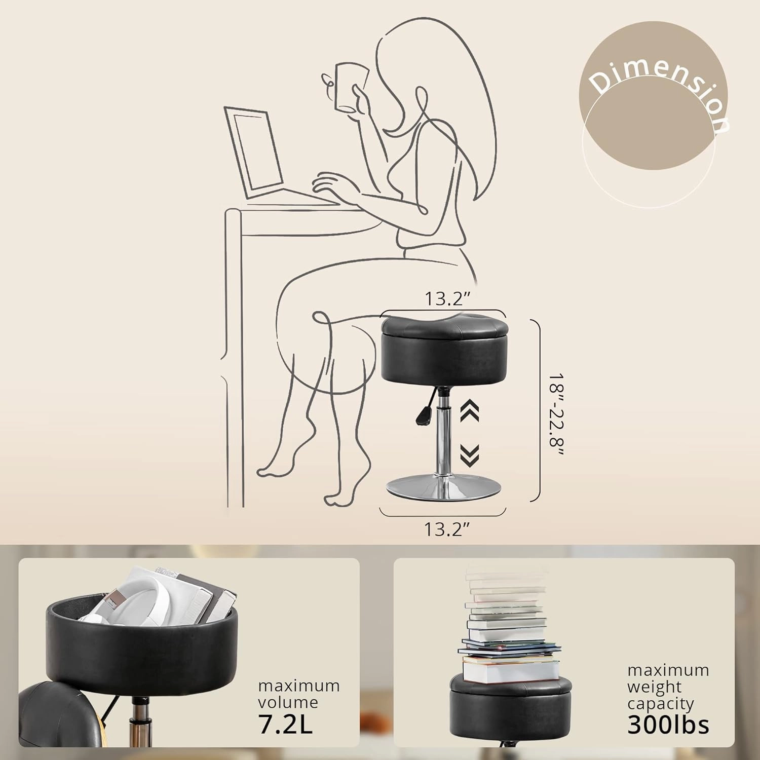 LUE BONA 360°Swivel Vanity Stool Chair for Makeup Room, Height Adjustable Stool for Vanity with Storage, Small Black Faux Leather for Bathroom, Living Room
