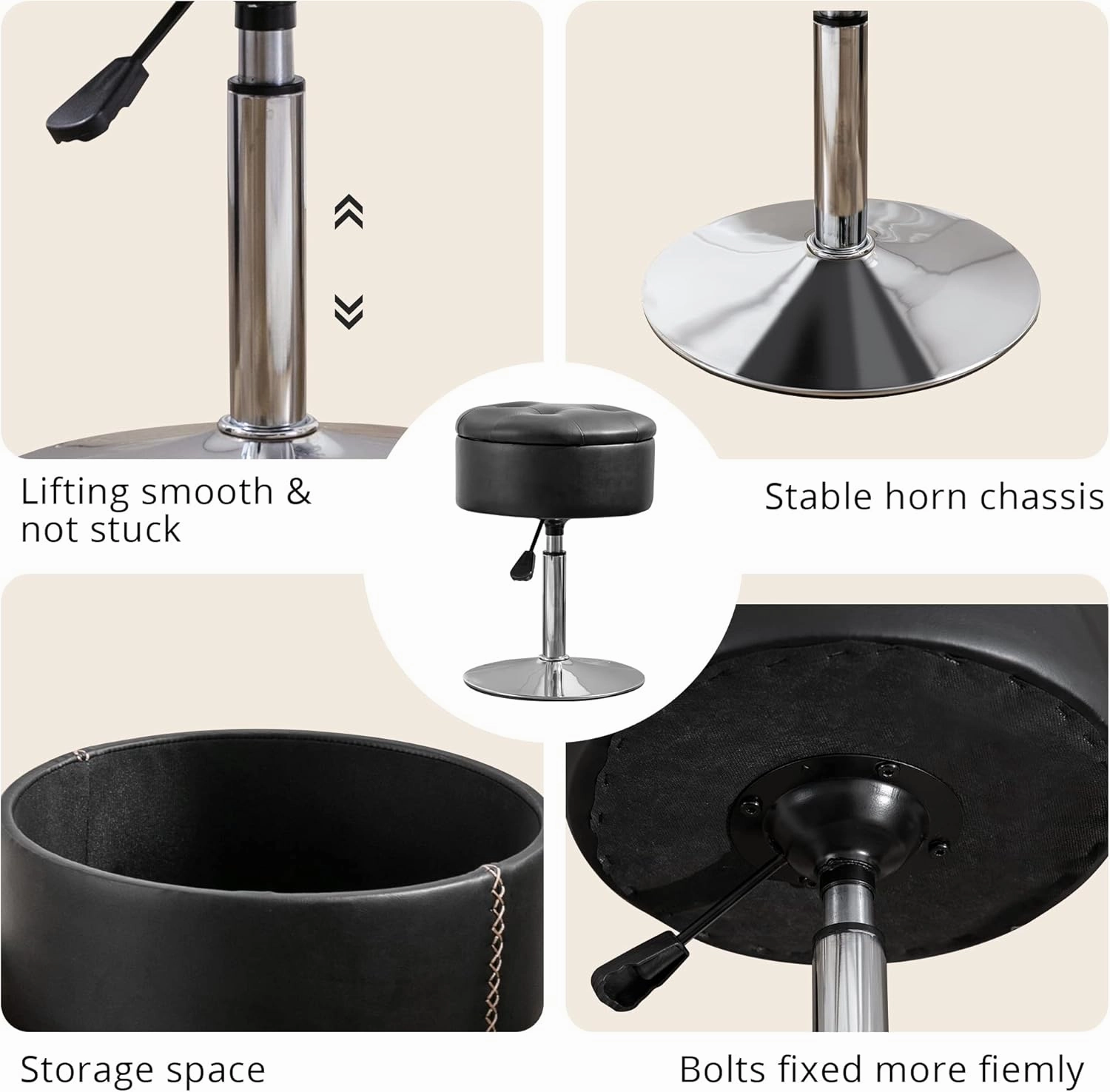 LUE BONA 360°Swivel Vanity Stool Chair for Makeup Room, Height Adjustable Stool for Vanity with Storage, Small Black Faux Leather for Bathroom, Living Room