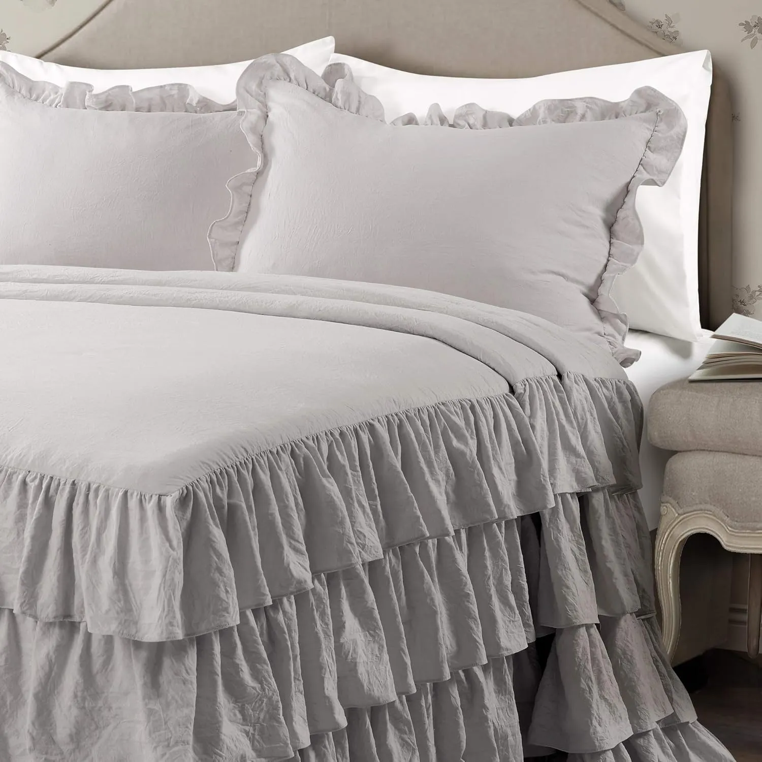 Lush Decor Lush Décor Allison Ruffle Skirt Bedspread Light Gray Shabby Chic Farmhouse Style Lightweight 3 Piece Set Queen,