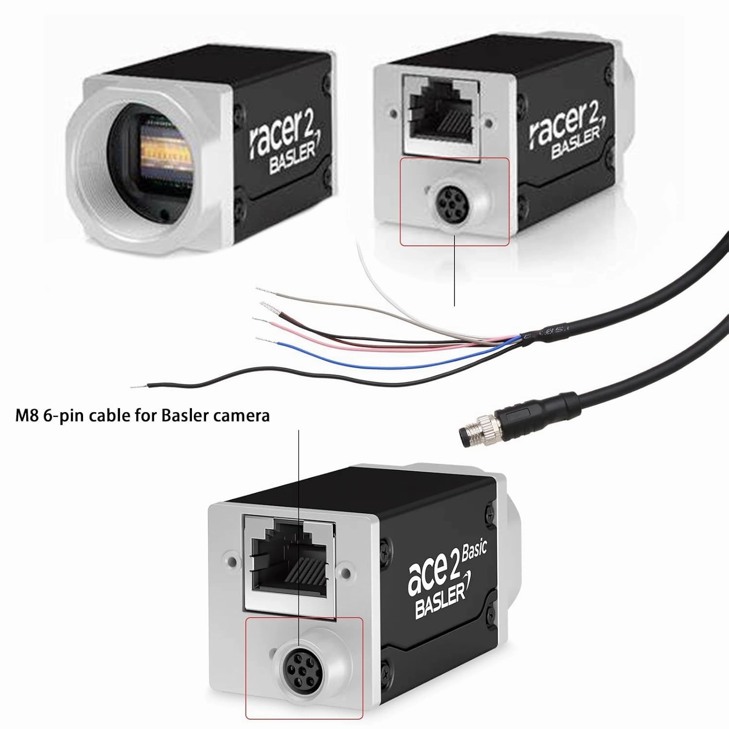 M8 Power I/O Cable for Basler Camera ace 2 V, Boost R, Racer 2 S, Vision System Sensor Industrial Automation Control, 6 Pin A-Coded, Shielded, 5m