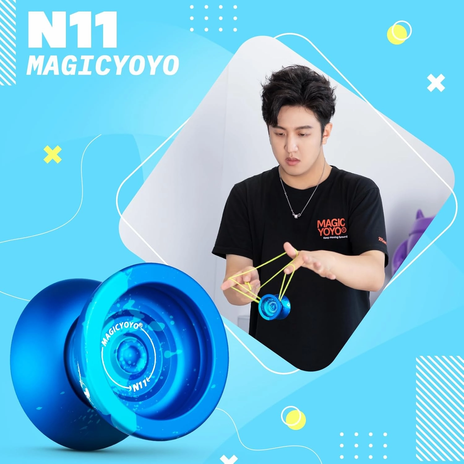 MAGICYOYO N11 Pro Metal Unresponsive Yoyo - Dual Purpose Trick Yo-Yo for Adults & Pros, Advanced Yoyo Ball with String Kit (Blue Splash)
