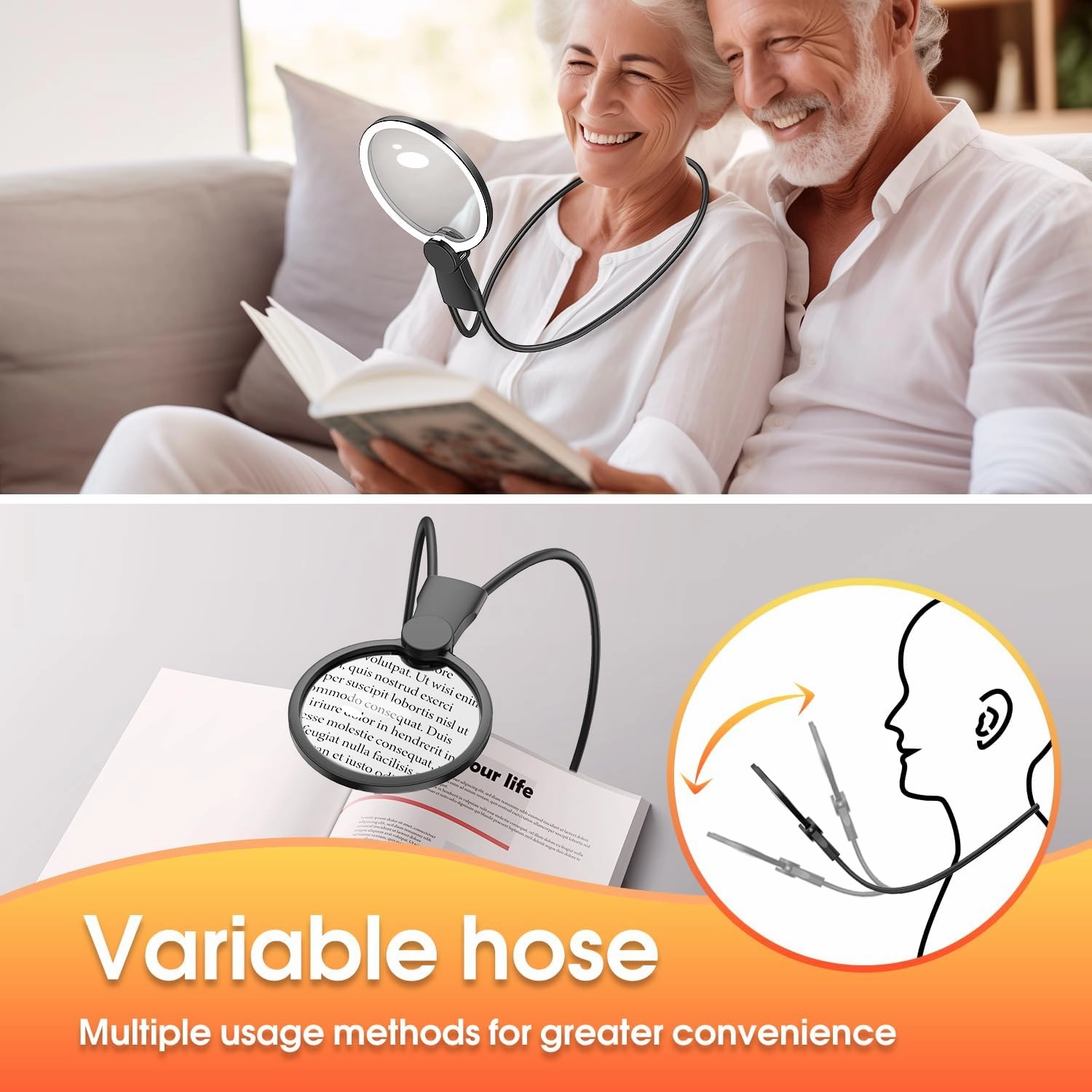 Magnifier with Light Hands Free for Reading, 5.1 Inch 6X Magnifying Glass for Reading, Neck-Worn Large Magnifier for Seniors, Useful Gifts Perfect for Reading, Sewing, Cross-Stitching