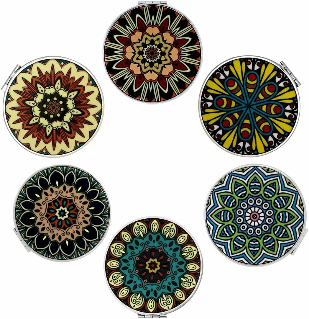 Magnifying Travel Makeup Compact Mirror Small Mirrors Bulk Handheld Pocket Purse Folding Portable Dual Beauty Cosmetics Mini Mirror for Women Girls Lady Men Mandala Mixed Designs 6 Pack