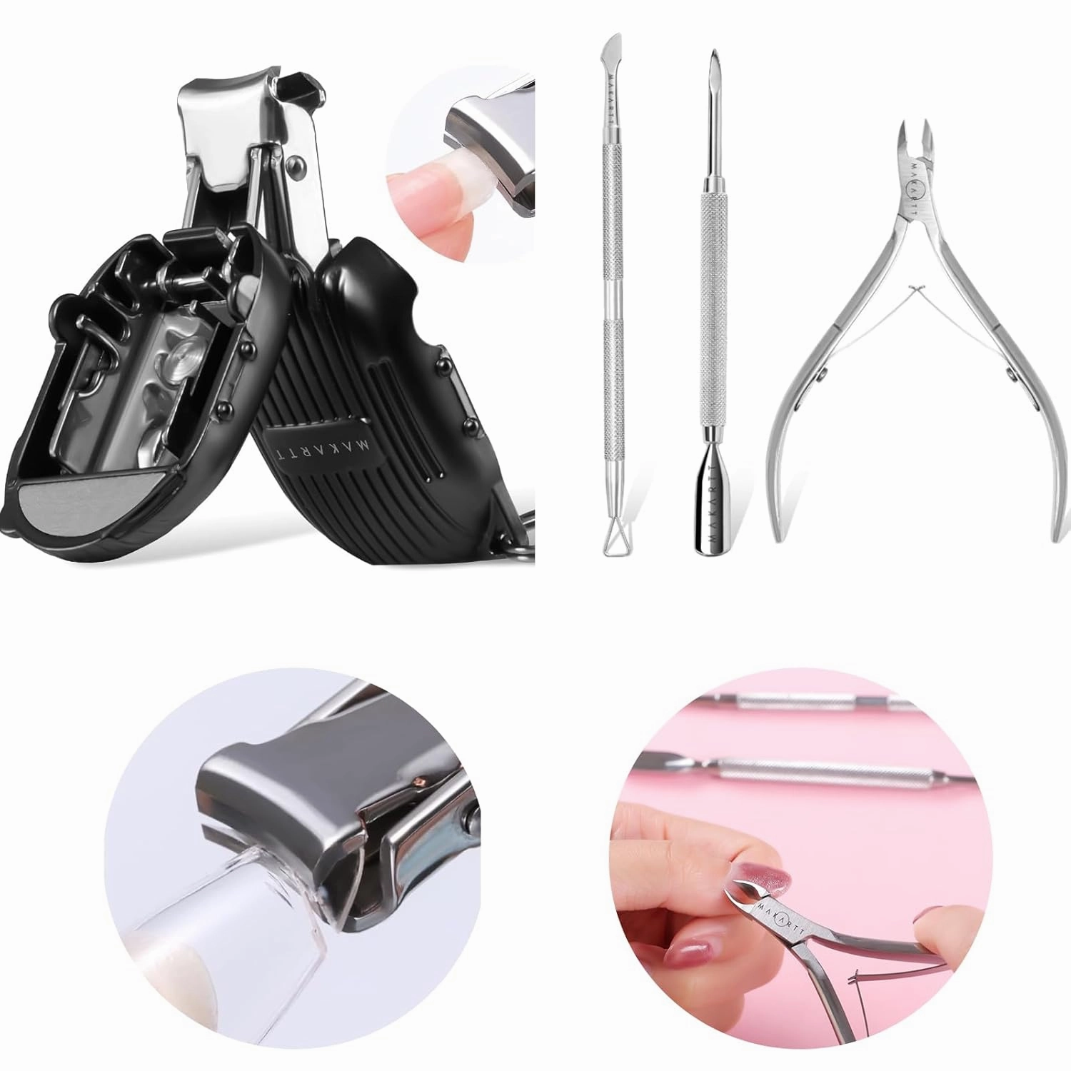 Makartt Cuticle Trimmer with Cuticle Pusher, Silver Nail Trimmer Nail Care Bundle with Nail Clipper Foldable Nail Cutter Black Nail Clippers Mini Fingernail Clipper with Keyring
