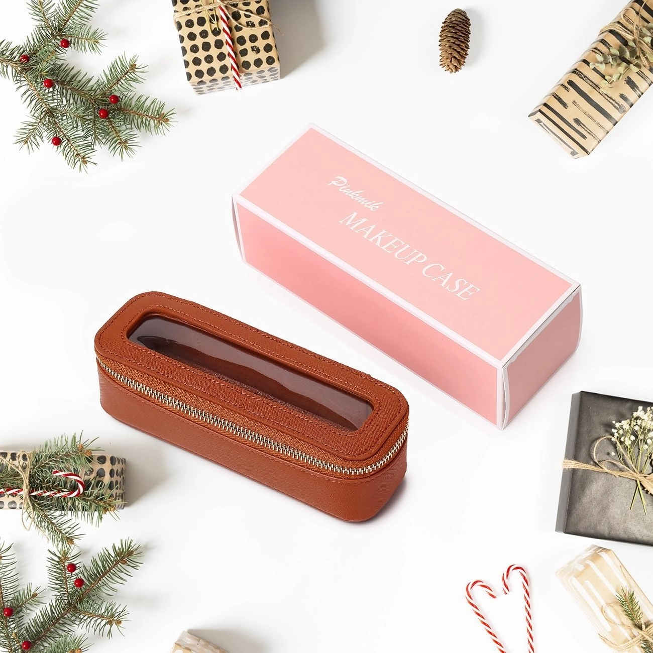 Makeup Brush Case Clear Travel Cosmetic & Toiletry Bag Slim Makeup Bag with Zipper Small Purse Organizer Car Essential Bag for Women (X/Brown, SLIM-3)