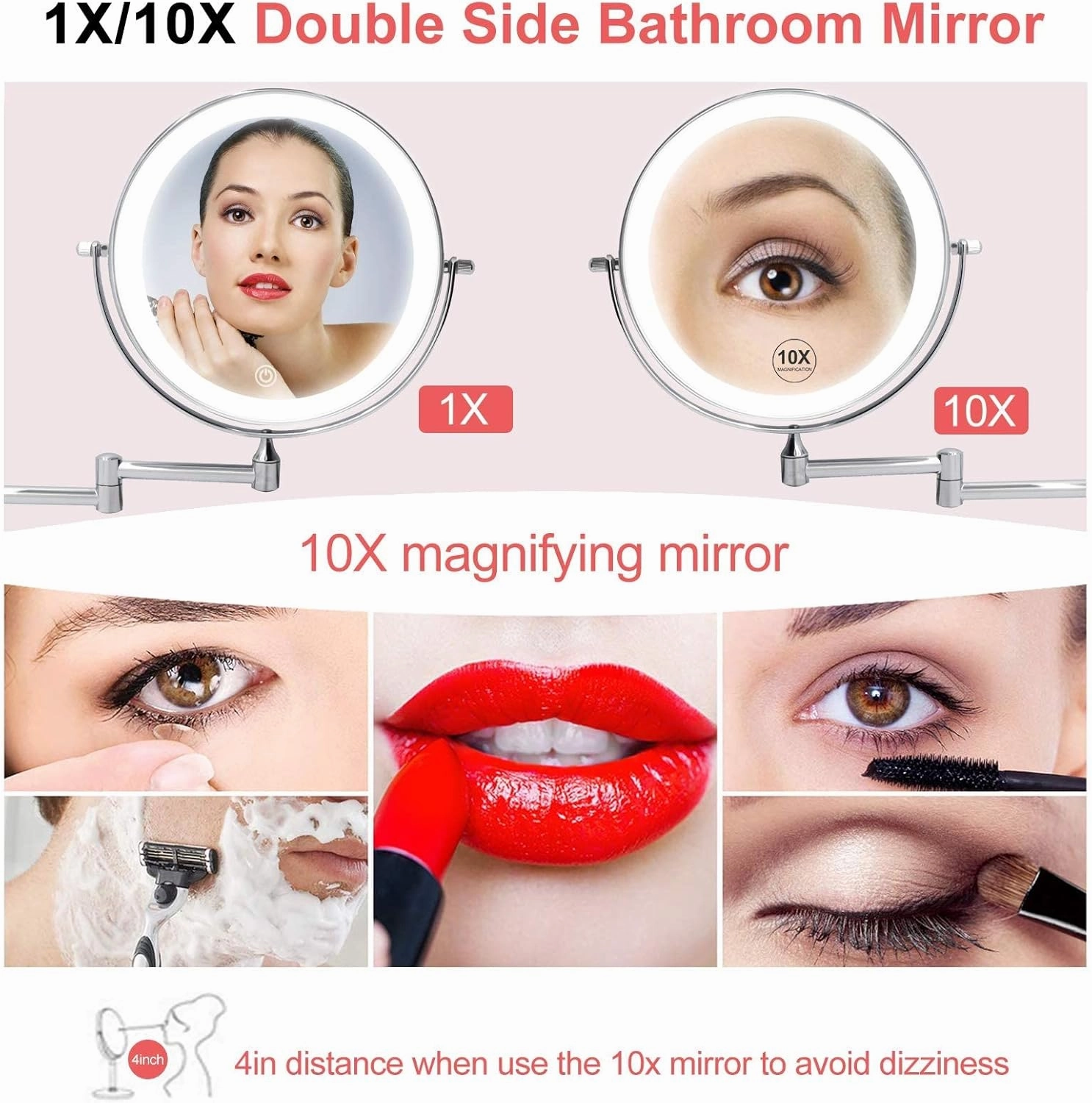 Makeup Mirror with Lights and 10x Magnification Vanity Mirror Wall Mounted Plug in Vanity Magnifying Extendable 360° Swivel Make up Mirror,10" Round Single Sided Mirror(Orb)