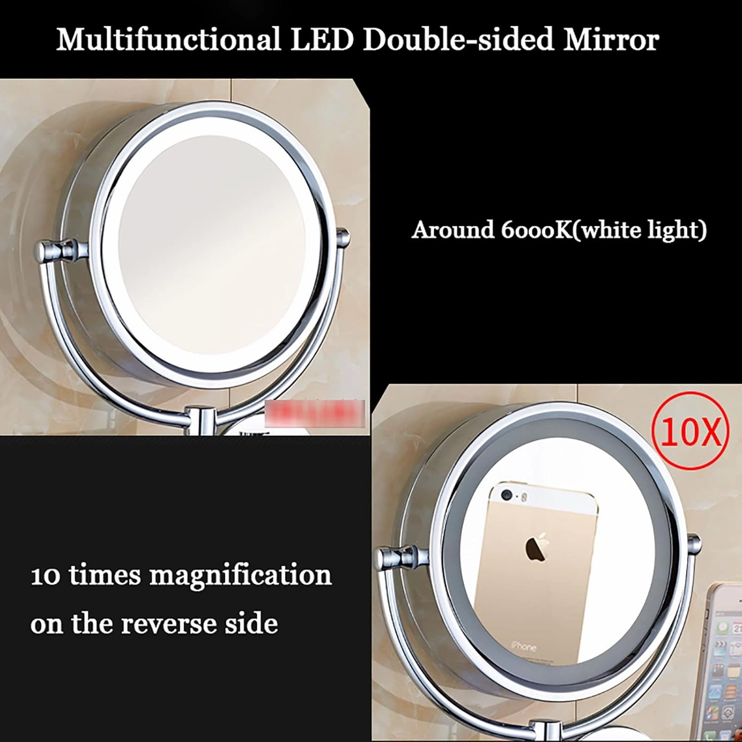 Makeup Mirror with Lights and 10x Magnification Vanity Mirror Wall Mounted Plug in Vanity Magnifying Extendable 360° Swivel Make up Mirror,10" Round Single Sided Mirror(Orb)