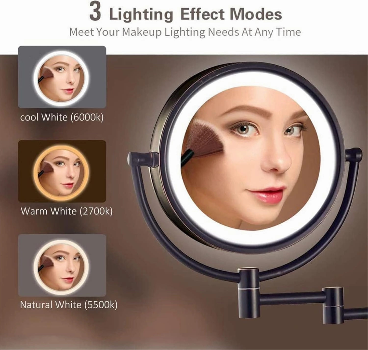 Makeup Mirror with Touch Switch LED Lights and 10x Magnification, 8 Inch Double Sided Wall Mounted Bathroom Vanity Mirror with 360° Swivel Extendable Arm,Nickel,Hardwired(Brass,Plug in)