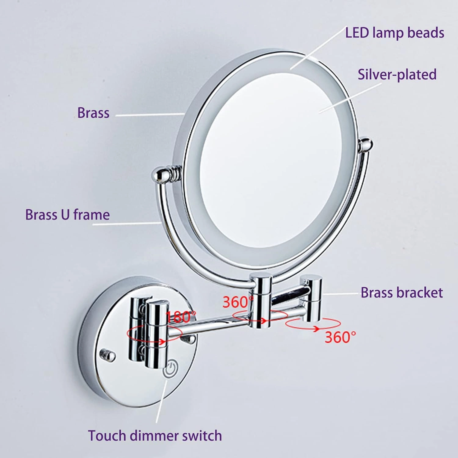 Makeup Mirror with Touch Switch LED Lights and 10x Magnification, 8 Inch Double Sided Wall Mounted Bathroom Vanity Mirror with 360° Swivel Extendable Arm,Nickel,Hardwired(Brass,Plug in)
