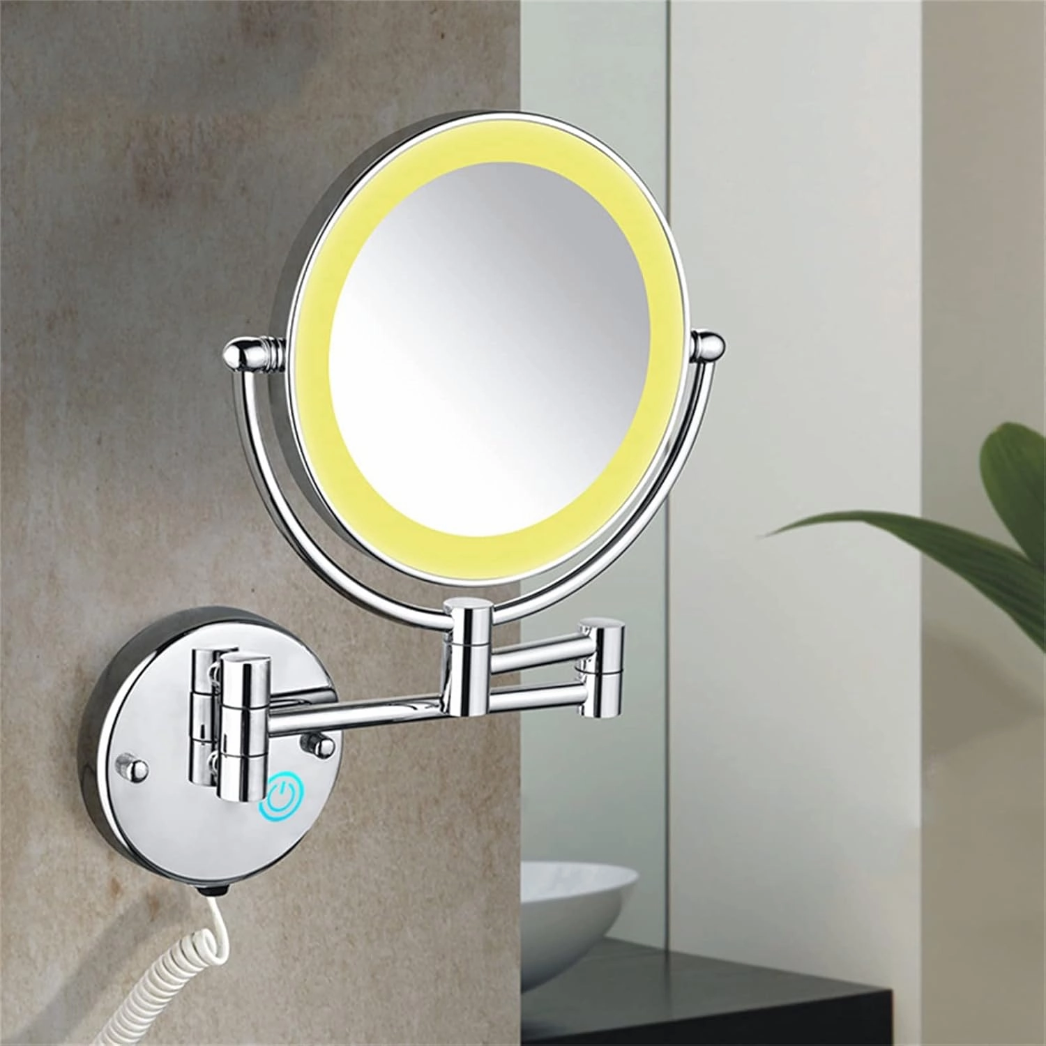 Makeup Mirror with Touch Switch LED Lights and 10x Magnification, 8 Inch Double Sided Wall Mounted Bathroom Vanity Mirror with 360° Swivel Extendable Arm,Nickel,Hardwired(Brass,Plug in)