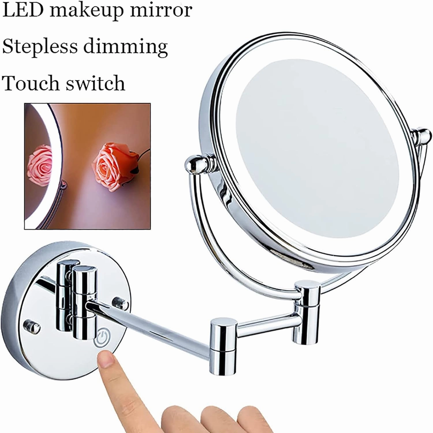 Makeup Mirror with Touch Switch LED Lights and 10x Magnification, 8 Inch Double Sided Wall Mounted Bathroom Vanity Mirror with 360° Swivel Extendable Arm,Nickel,Hardwired(Brass,Plug in)