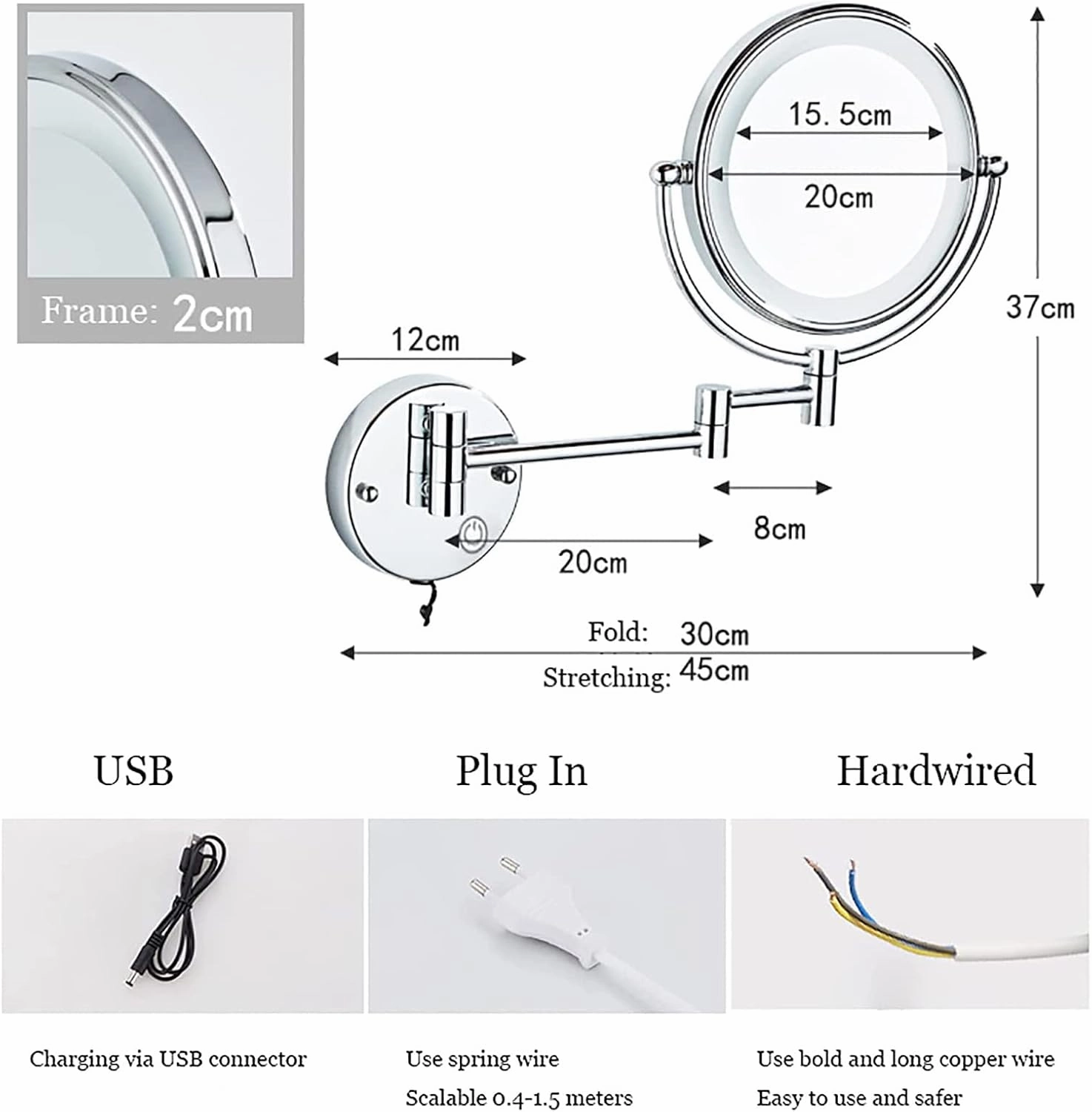 Makeup Mirror with Touch Switch LED Lights and 10x Magnification, 8 Inch Double Sided Wall Mounted Bathroom Vanity Mirror with 360° Swivel Extendable Arm,Nickel,Hardwired(Brass,Plug in)