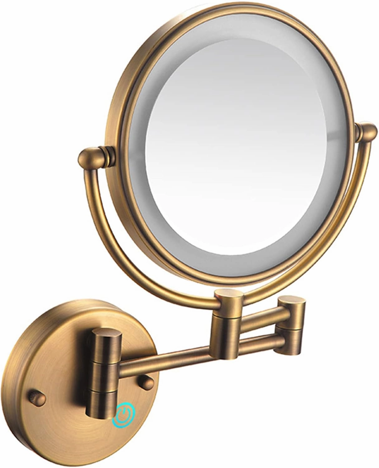 Makeup Mirror with Touch Switch LED Lights and 10x Magnification, 8 Inch Double Sided Wall Mounted Bathroom Vanity Mirror with 360° Swivel Extendable Arm,Nickel,Hardwired(Brass,Plug in)