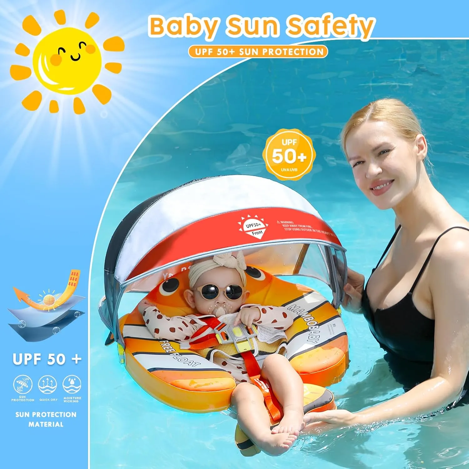 Mambobaby Baby Pool Float with Canopy, Non-Inflatable Infant Floats with Tail Solid Upgrade Soft Waterproof Skin-Friendly Mambo Baby Swimming Float for 3-24 Months Baby Boys Girls