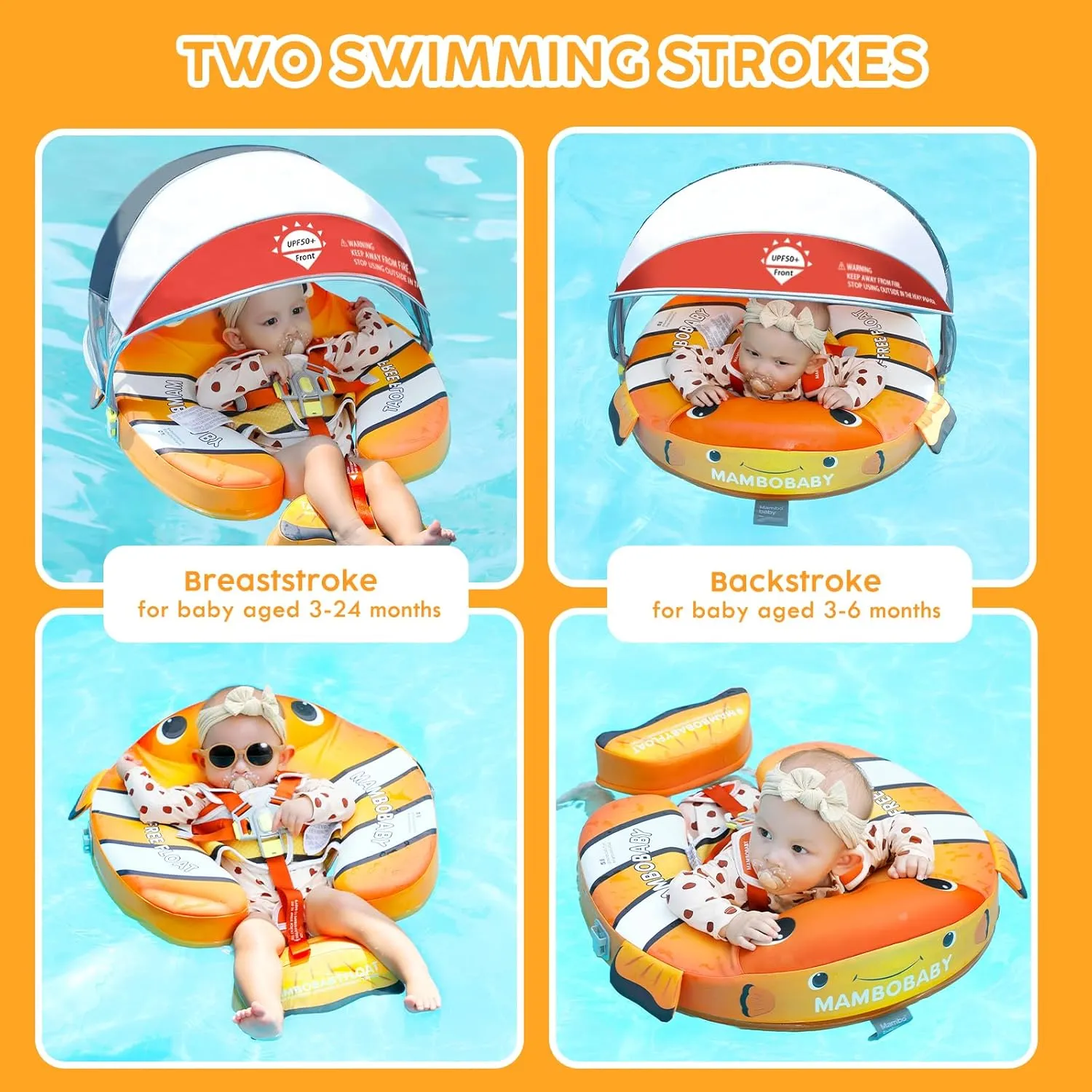 Mambobaby Baby Pool Float with Canopy, Non-Inflatable Infant Floats with Tail Solid Upgrade Soft Waterproof Skin-Friendly Mambo Baby Swimming Float for 3-24 Months Baby Boys Girls