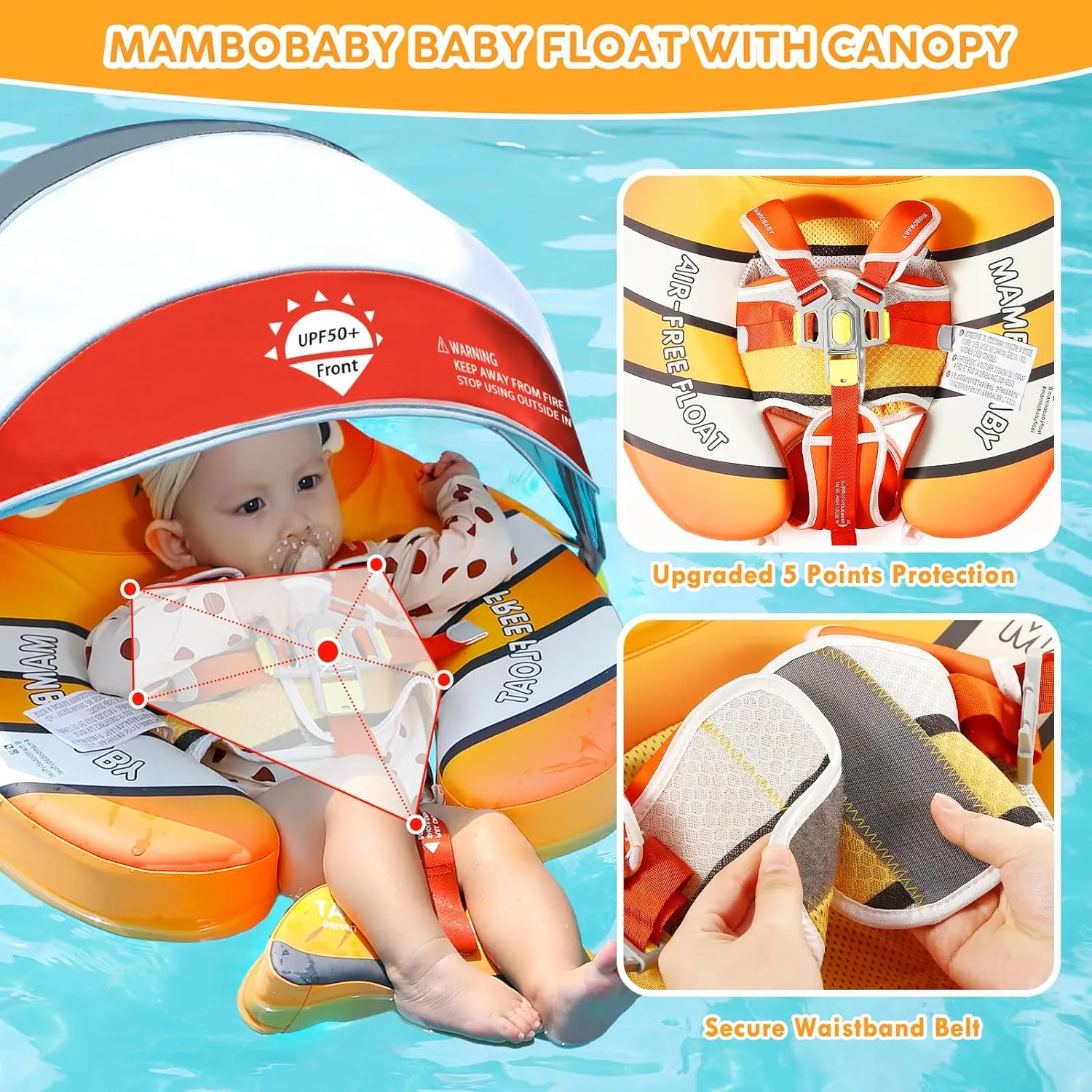 Mambobaby Baby Pool Float with Canopy, Non-Inflatable Infant Floats with Tail Solid Upgrade Soft Waterproof Skin-Friendly Mambo Baby Swimming Float for 3-24 Months Baby Boys Girls