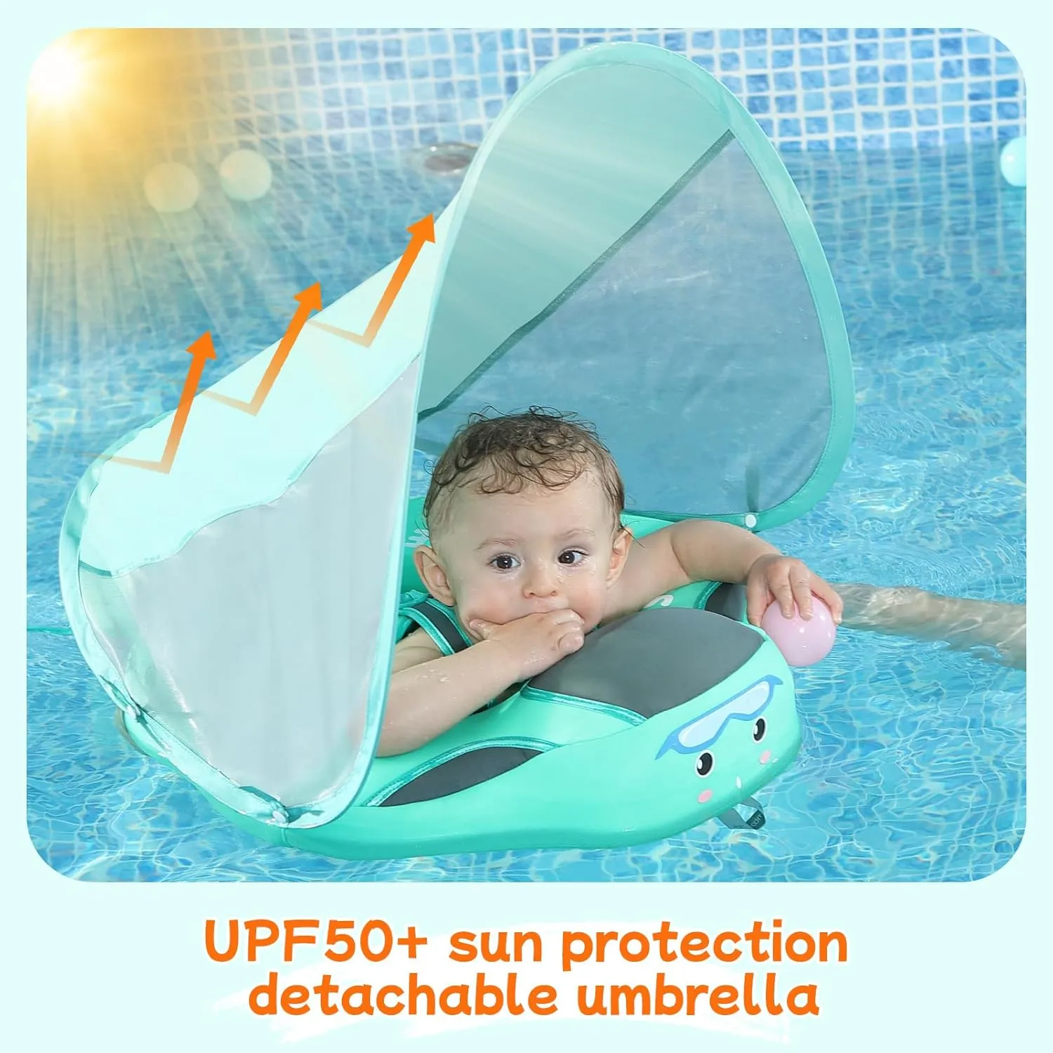 Mambobaby Float Add Tail No Flip Over Non-Inflatable Baby Swim Float Pearl Foam Solid Water Floats Smart Swim Trainer Infant Pool Float Swim Ring with Sun Canopy