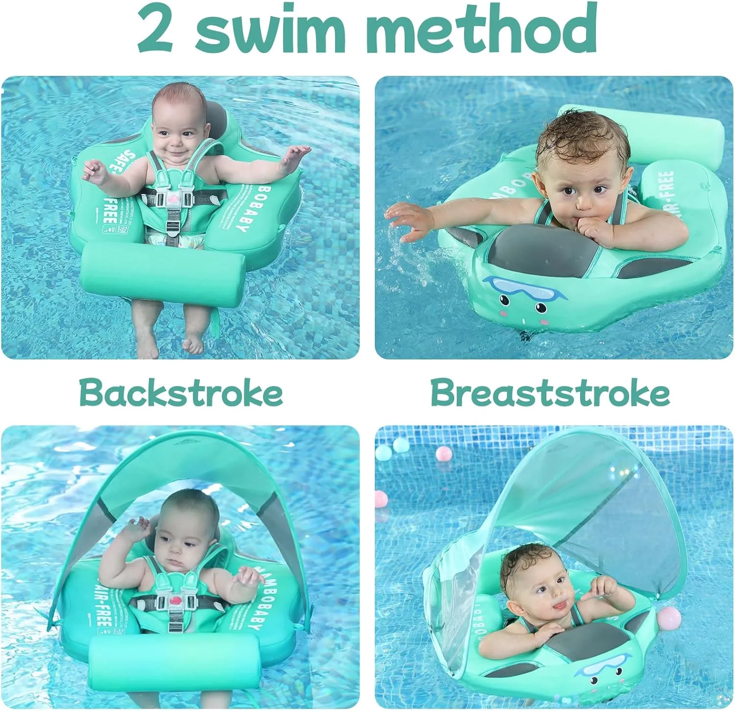 Mambobaby Float Add Tail No Flip Over Non-Inflatable Baby Swim Float Pearl Foam Solid Water Floats Smart Swim Trainer Infant Pool Float Swim Ring with Sun Canopy