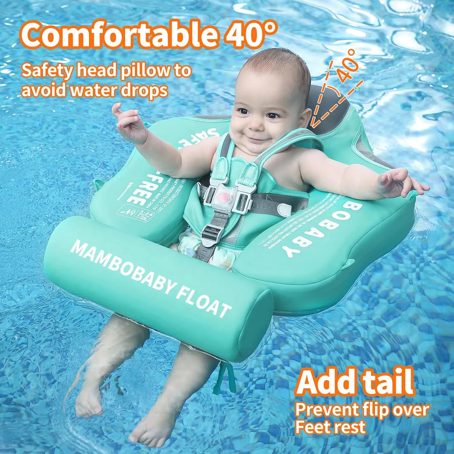 Mambobaby Float Add Tail No Flip Over Non-Inflatable Baby Swim Float Pearl Foam Solid Water Floats Smart Swim Trainer Infant Pool Float Swim Ring with Sun Canopy