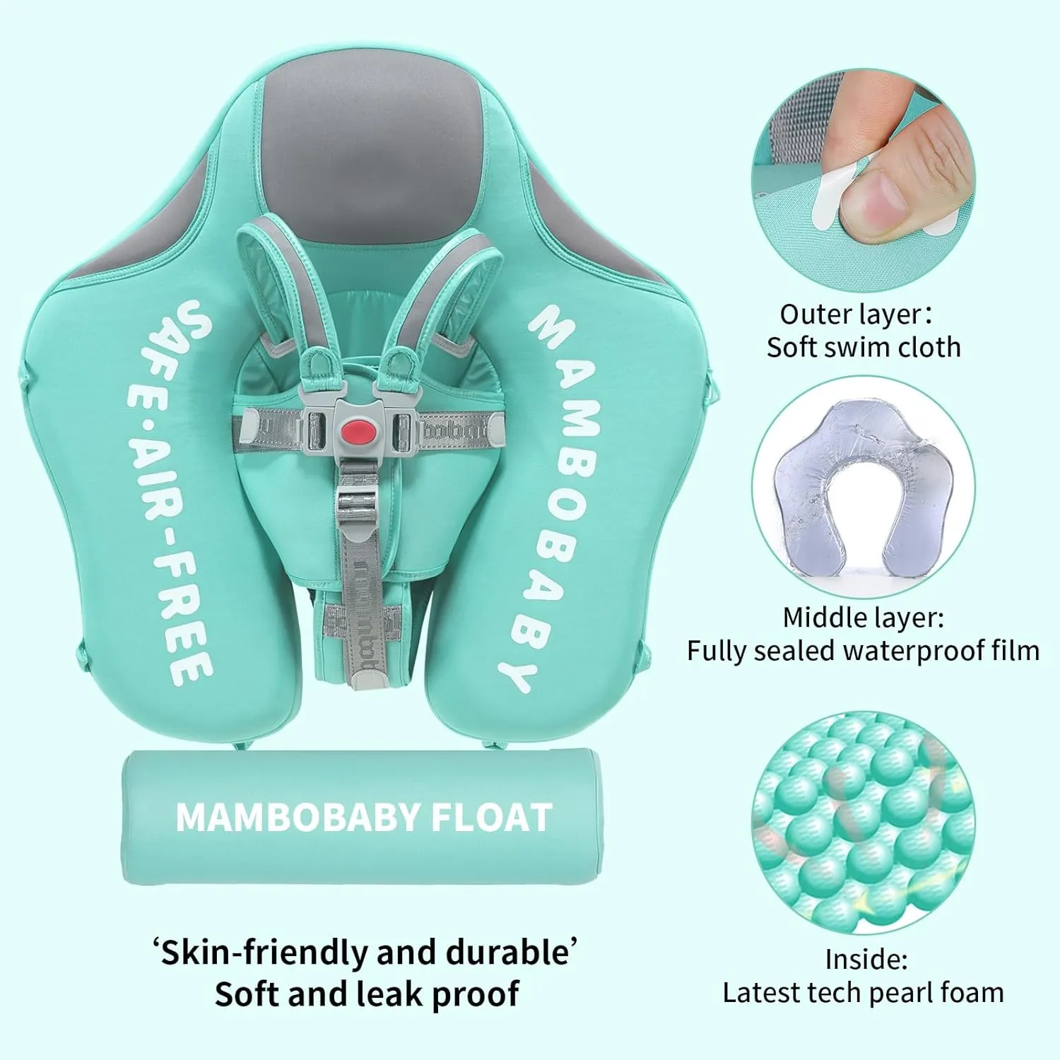 Mambobaby Float Add Tail No Flip Over Non-Inflatable Baby Swim Float Pearl Foam Solid Water Floats Smart Swim Trainer Infant Pool Float Swim Ring with Sun Canopy