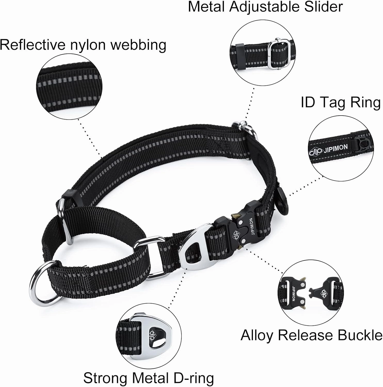 Martingale Dog Collar Reflective Nylon Soft Cushion with Alloy Buckle Dog Collar Martingale Small Medium and Large Dogs (Large, Dark Blue)