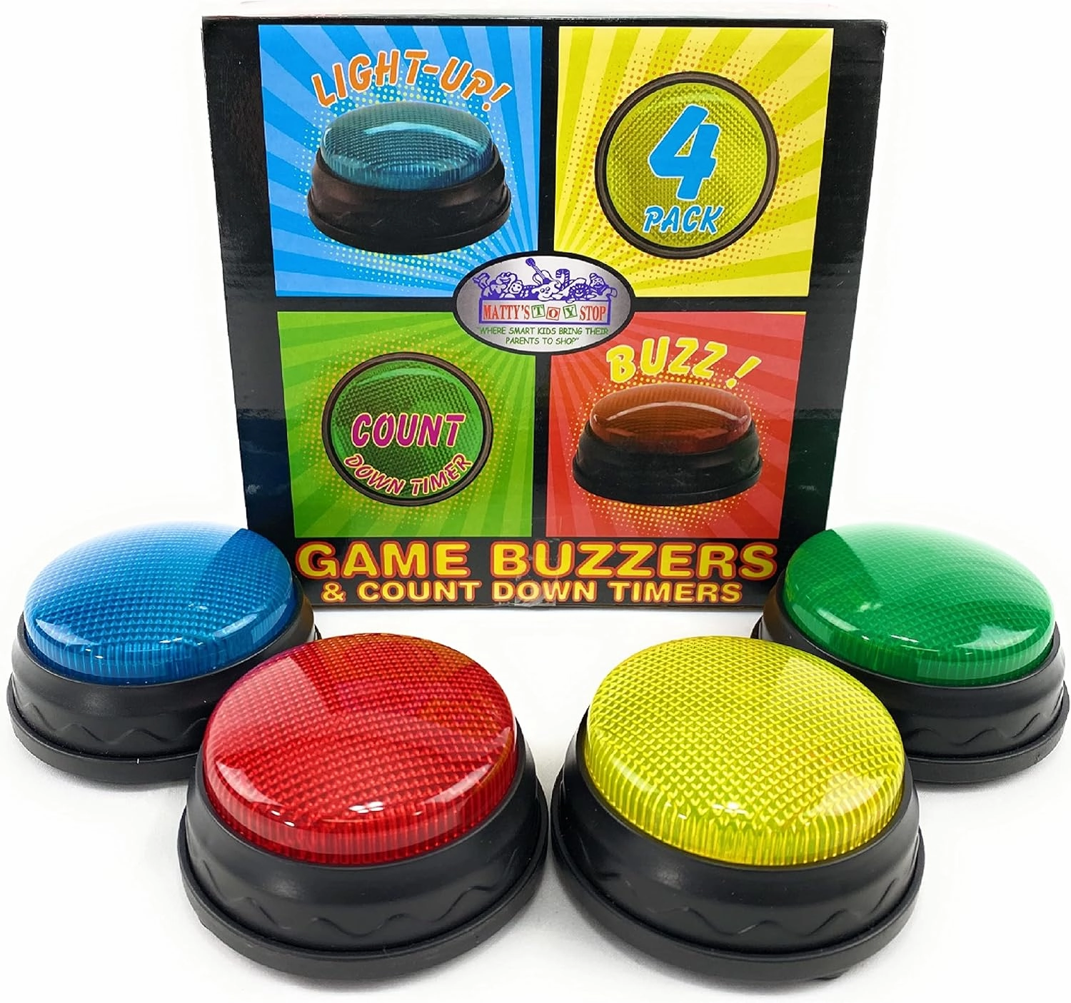 Matty's Toy Stop Lights & Sounds Electronic 3 Mode Red, Blue, Green & Yellow Game Answer Buzzer and Count Down Timer Gift Set Bundle (Perfect for Games, Classrooms, etc.) - 4 Pack