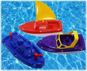 Matty's Toy Stop Plastic Boats Set Sailboat (Red), Speedboat (Purple) & Fireboat (Blue) Gift Set Bundle, Perfect Bath, Pool, Beach Etc. - 3 Pack