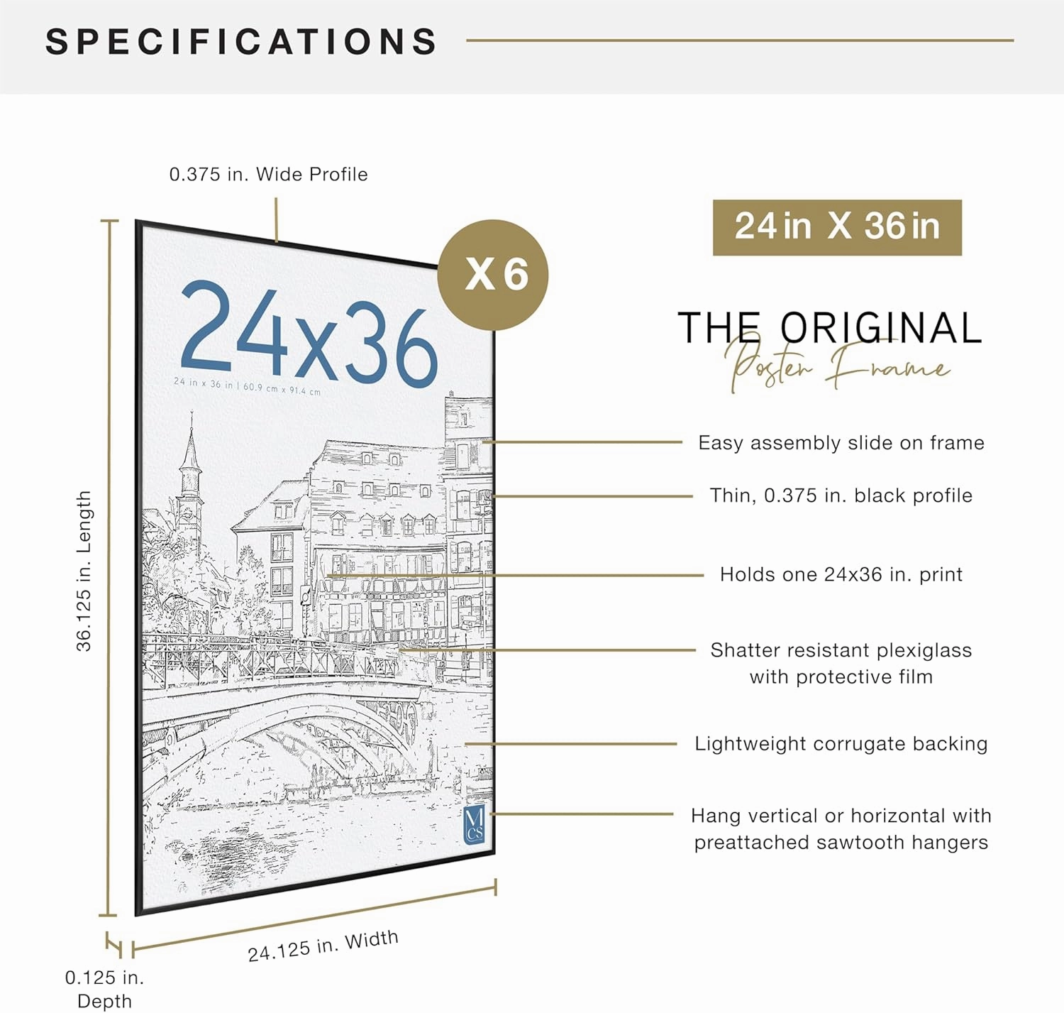 MCS Original Poster Frame 24x36 Black Lightweight Vertical & Horizontal Wall Hanging Large Picture Frame for Posters, Art Prints & Gallery Wall (6-Pack)