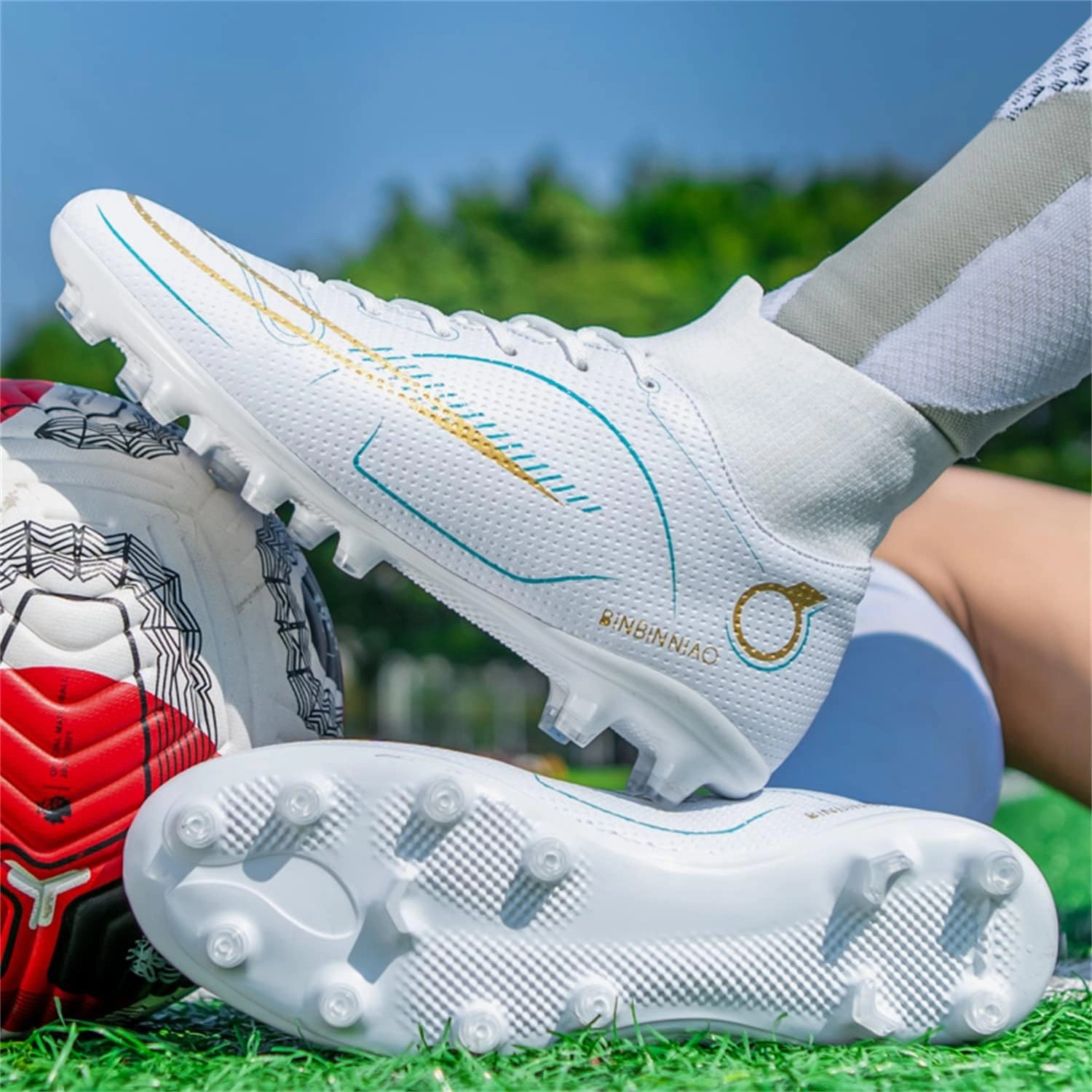 MDPCX Athletic Sports Football Shoes Men's Outdoor Football Shoes Track and Field Lawn World Team Running Sports Shoes Lightweight Breathable Non-Slip Shock-Absorbing Long Spikes Short Spikes