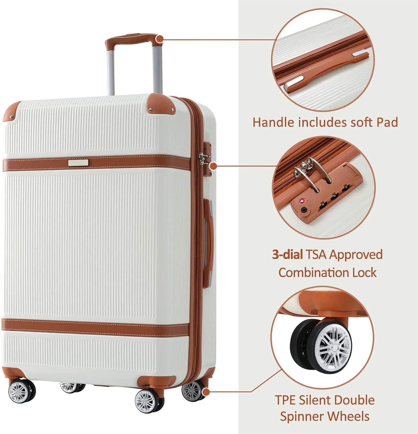Merax 3 Piece Luggage Set, ABS Hardshell Suitcase with Spinner Wheels and TSA Lock, Lightweight Expandable Suitcase Set, 20” 24” 28”, White