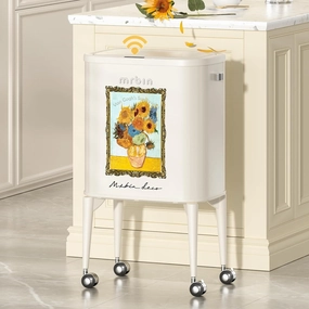 Metal Motion Sensor Kitchen Trash Can with Wheel Legs, 36L / 9.5gal Medium Press Lid Slim Waste Basket, Pet Proof Tall Narrow Garbage Pail for Vanity, Bedroom, Bathroom, Living Room, Sunflower