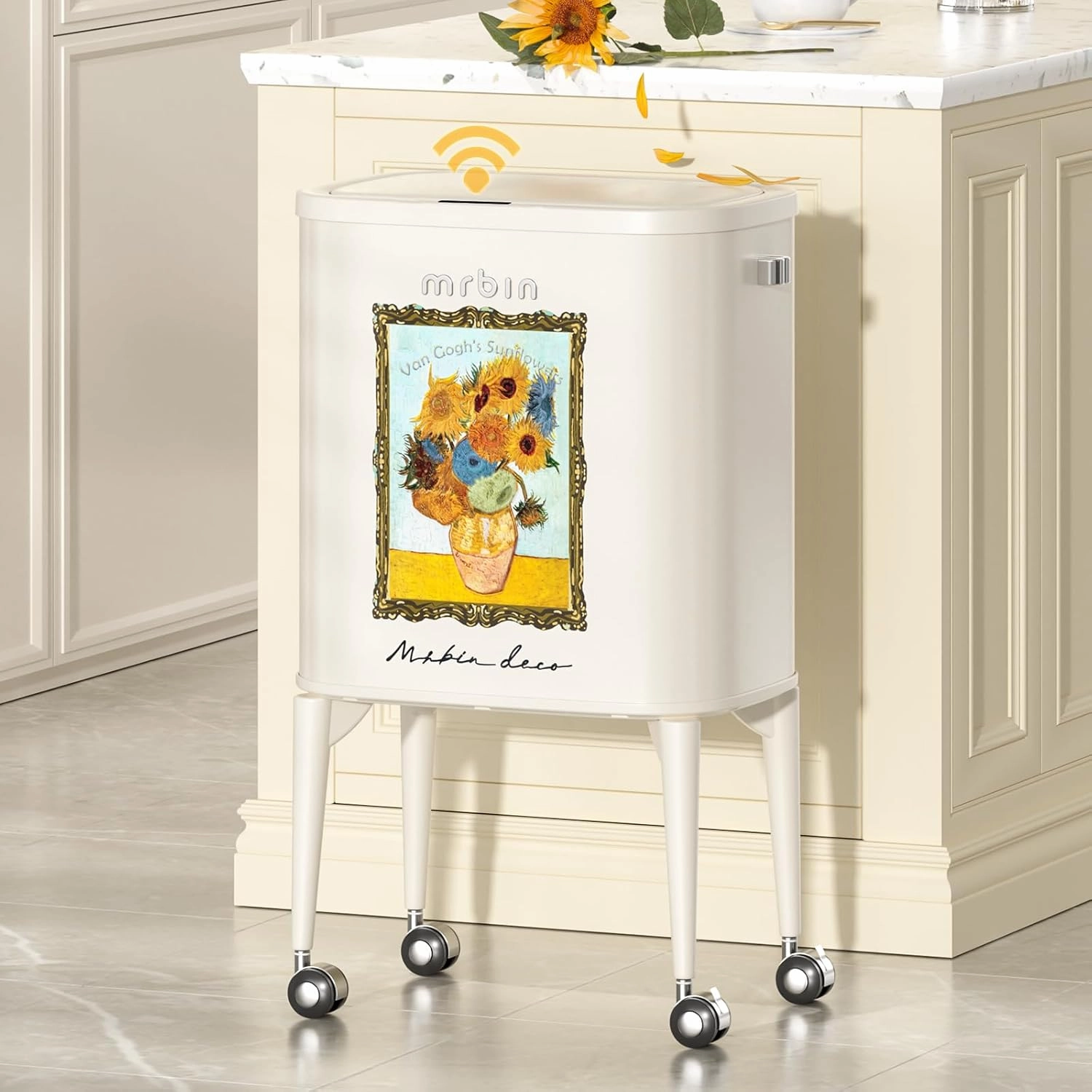 Metal Motion Sensor Kitchen Trash Can with Wheel Legs, 36L / 9.5gal Medium Press Lid Slim Waste Basket, Pet Proof Tall Narrow Garbage Pail for Vanity, Bedroom, Bathroom, Living Room, Sunflower