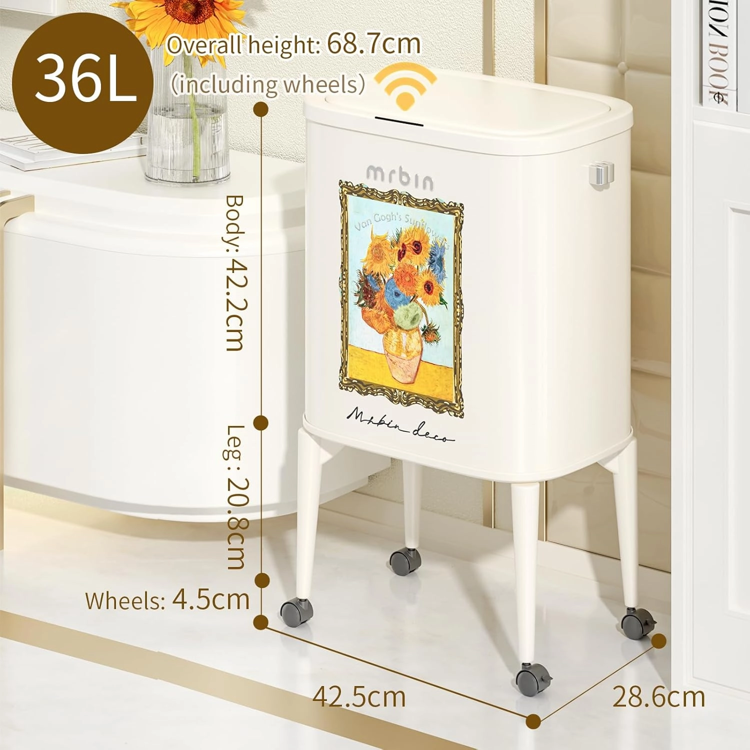 Metal Motion Sensor Kitchen Trash Can with Wheel Legs, 36L / 9.5gal Medium Press Lid Slim Waste Basket, Pet Proof Tall Narrow Garbage Pail for Vanity, Bedroom, Bathroom, Living Room, Sunflower