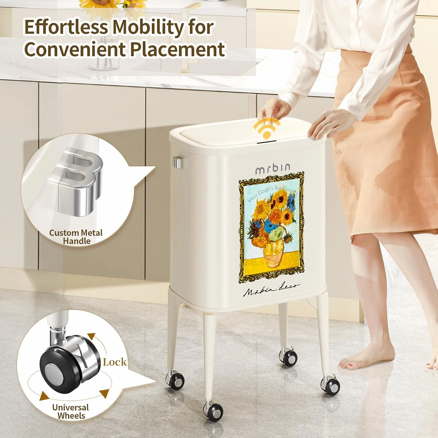 Metal Motion Sensor Kitchen Trash Can with Wheel Legs, 36L / 9.5gal Medium Press Lid Slim Waste Basket, Pet Proof Tall Narrow Garbage Pail for Vanity, Bedroom, Bathroom, Living Room, Sunflower