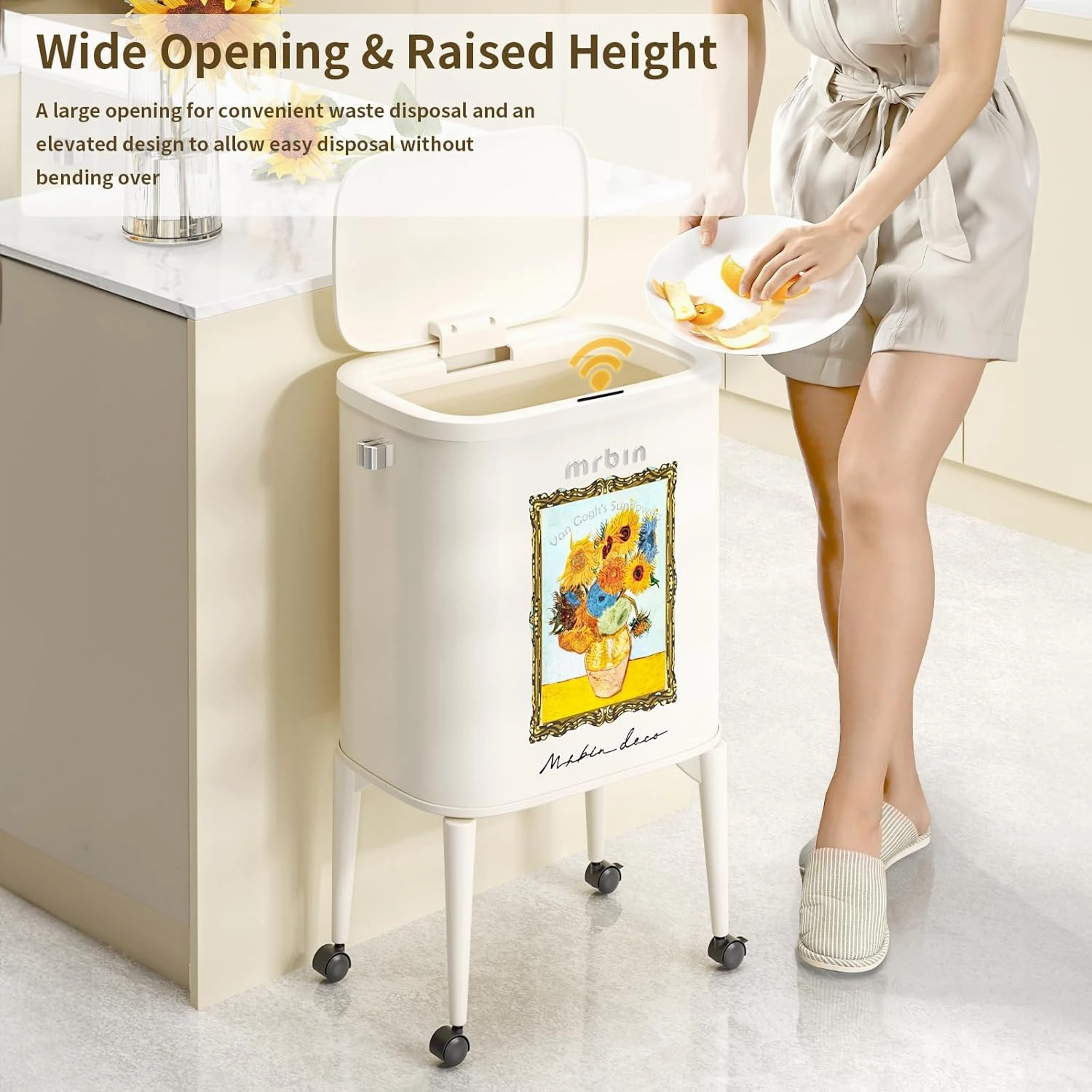 Metal Motion Sensor Kitchen Trash Can with Wheel Legs, 36L / 9.5gal Medium Press Lid Slim Waste Basket, Pet Proof Tall Narrow Garbage Pail for Vanity, Bedroom, Bathroom, Living Room, Sunflower