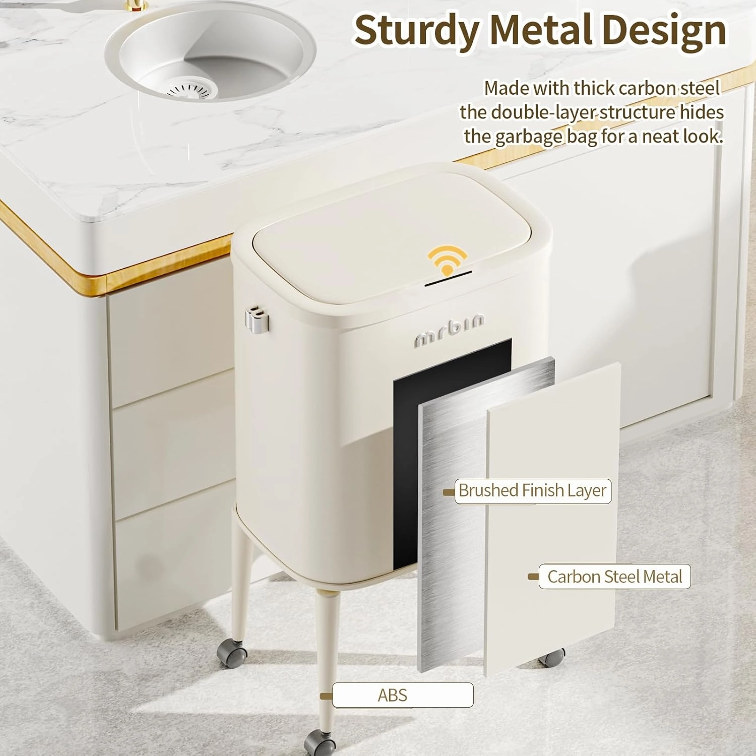 Metal Motion Sensor Kitchen Trash Can with Wheel Legs, 36L / 9.5gal Medium Press Lid Slim Waste Basket, Pet Proof Tall Narrow Garbage Pail for Vanity, Bedroom, Bathroom, Living Room, Sunflower
