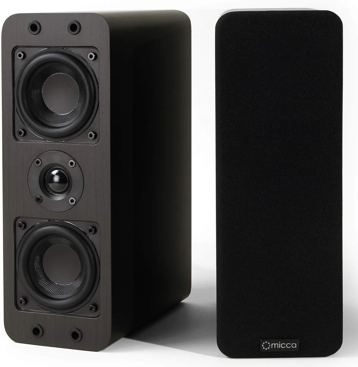 Micca OoO Passive Slim Bookshelf Speakers with 3-Inch Woofers and Silk Tweeter, Thin Design Under 4" Wide, for Desktop Stereo or Home Theater Surround Sound, Wall Mountable, Pair, Dark Walnut
