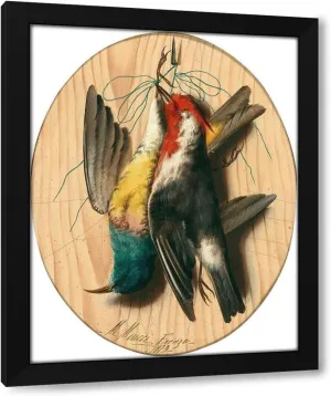 Michelangelo Meucci 28x35 Extra Large Black Modern Framed Art Print Titled: Trompe L’Oeil, Songbirds (1873)
