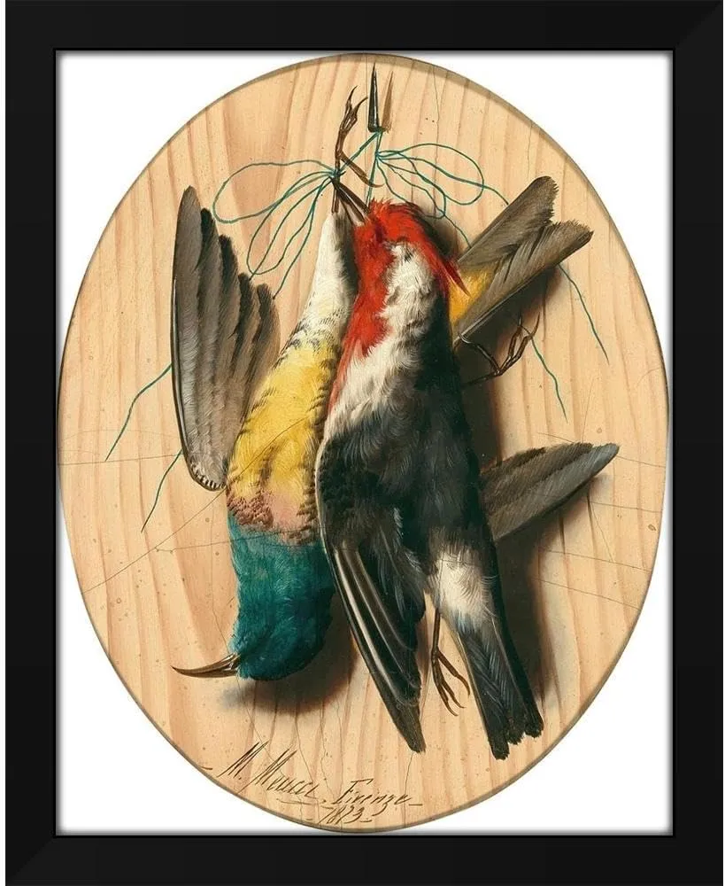 Michelangelo Meucci 28x35 Extra Large Black Modern Framed Art Print Titled: Trompe L’Oeil, Songbirds (1873)