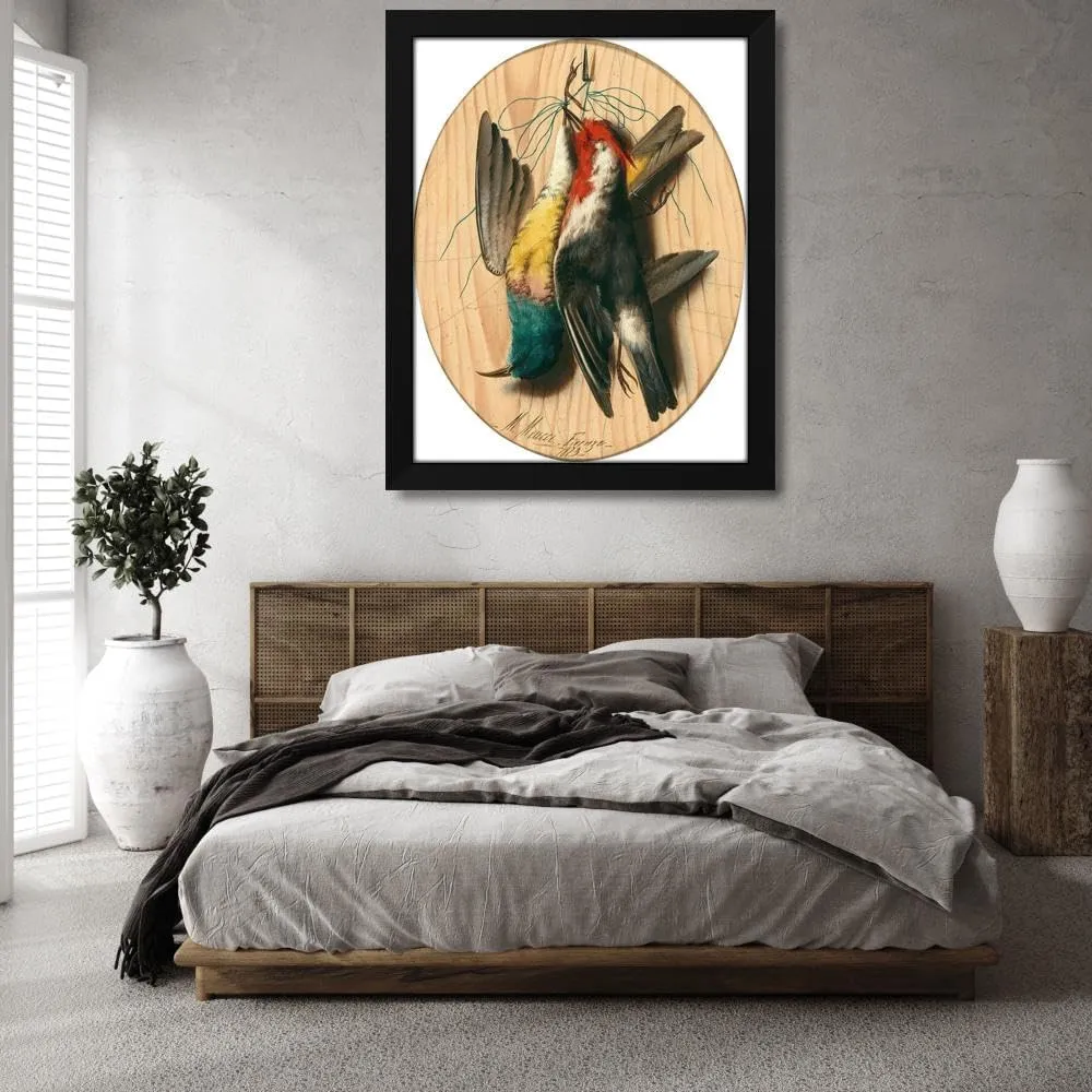 Michelangelo Meucci 28x35 Extra Large Black Modern Framed Art Print Titled: Trompe L’Oeil, Songbirds (1873)