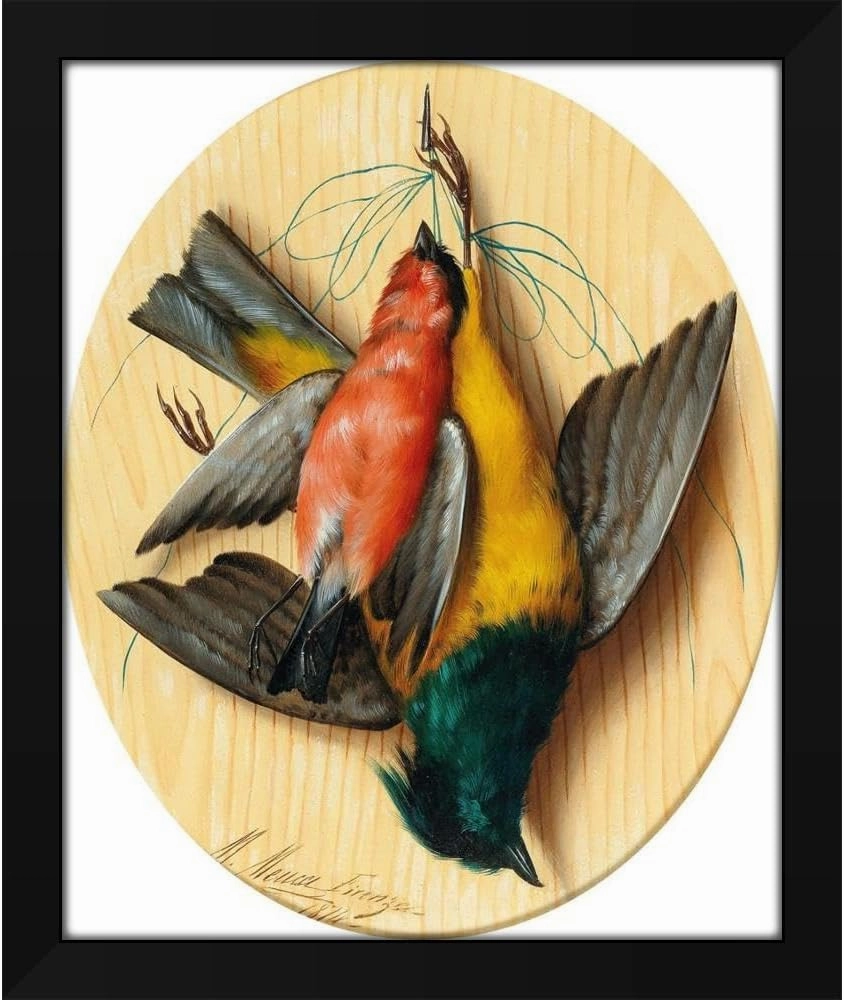 Michelangelo Meucci 36x44 Huge Black Modern Framed Art Print Titled: Still Life with Songbirds