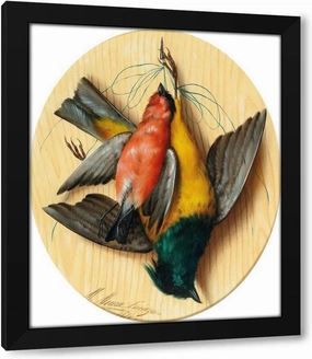 Michelangelo Meucci 36x44 Huge Black Modern Framed Art Print Titled: Still Life with Songbirds