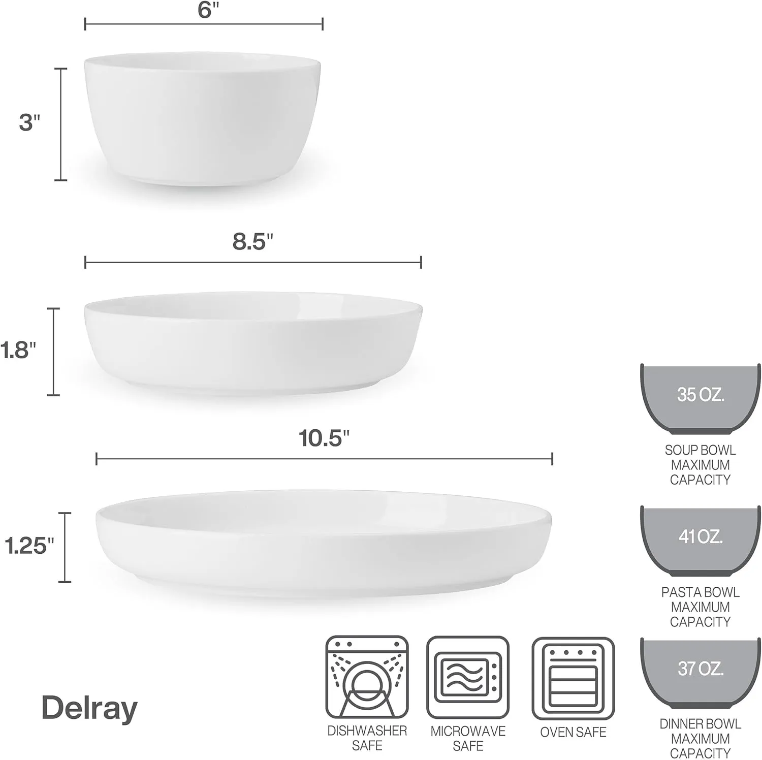 Mikasa Delray Bone China Lightweight Chip Resistant 9 Piece Dinnerware Bowl Set, Service for 3, White