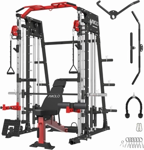 Mikolo Smith Machine Home Gym, 2200lbs Squat Rack with LAT-Pull Down System & Cable Crossover Machine, Training Equipment with Adjustable Weight Bench
