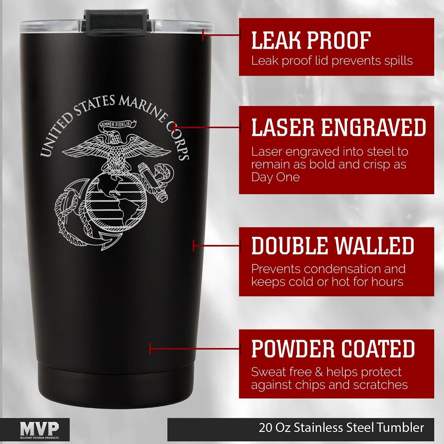 Military Gift Shop Marine Corps 20oz Insulated Tumbler-Double-Walled Stainless Steel Travel Cup-Durable & Leakproof-Disabled Vet Owned Business USMC 20oz Tumbler