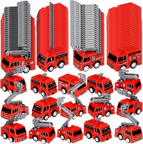Mini Pullback Fire Truck Toy Small Pull Back Firetruck Plastic Fire Engine Toy Trucks Firefighter Birthday Party Supplies, Fireman Favors Goodie Bag Fillers, 4 Styles (96)