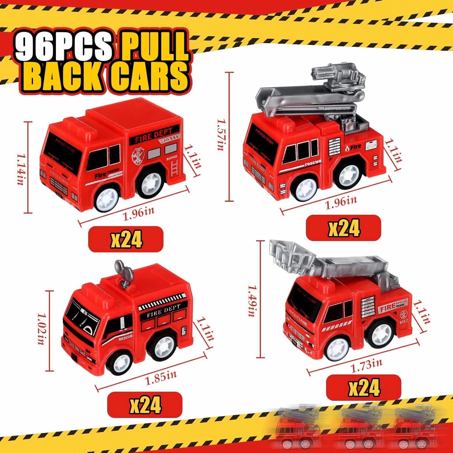 Mini Pullback Fire Truck Toy Small Pull Back Firetruck Plastic Fire Engine Toy Trucks Firefighter Birthday Party Supplies, Fireman Favors Goodie Bag Fillers, 4 Styles (96)