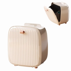 Mini Trash Can with Lid, Desk Trash Can with Phone Holder, Countertop Mini Garbage Cans, Plastic Trash Bin, Practical Small Garbage Can for Bathroom, Office, Kitchen, Coffee Table Beige