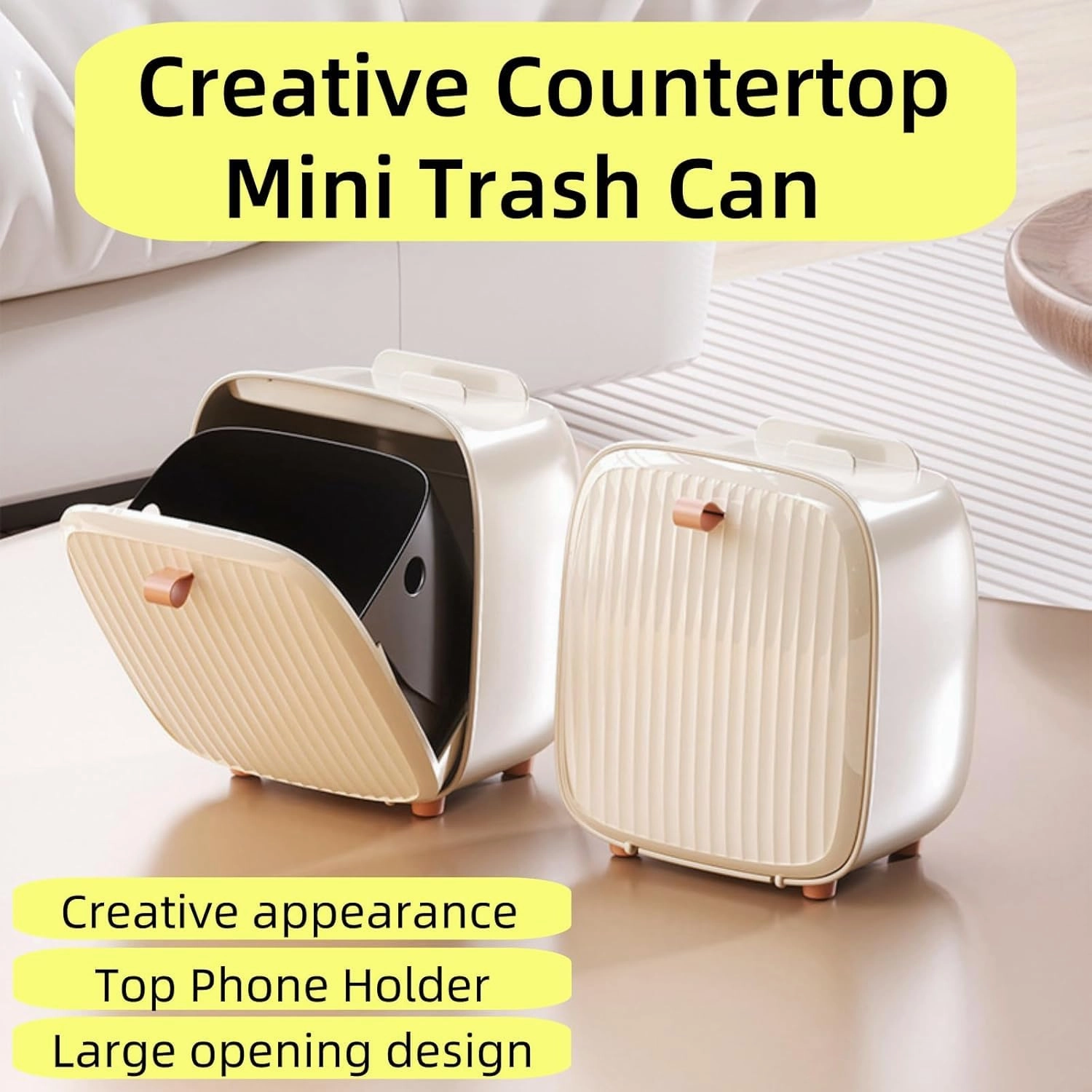 Mini Trash Can with Lid, Desk Trash Can with Phone Holder, Countertop Mini Garbage Cans, Plastic Trash Bin, Practical Small Garbage Can for Bathroom, Office, Kitchen, Coffee Table Beige